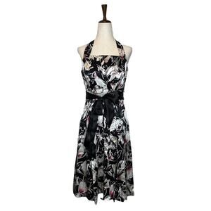 White House Black Market 100% Silk Size 6 Floral Print Halter Dress Tie Waist